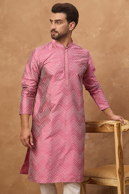 Pink Silk Blend Geometric Printed Straight Kurta With Pant Set MKSET1532