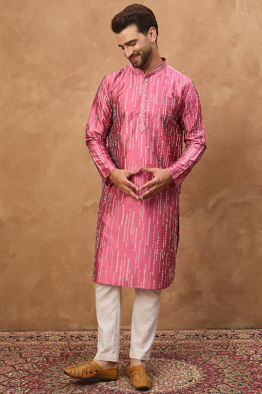 Pink Silk Blend Geometric Printed Straight Kurta With Pant Set MKSET1533