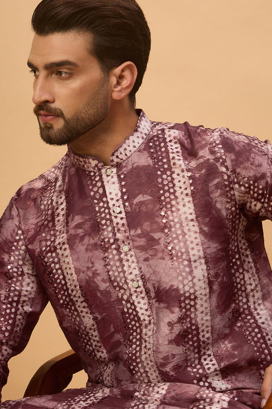 Burgundy Silk Blend Shibori Embroidered Straight Kurta With Pant Set MKSET1537
