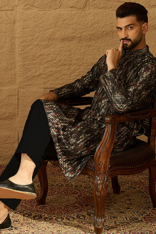 Black Viscose Rayon Striped Printed Straight Kurta MKU1607