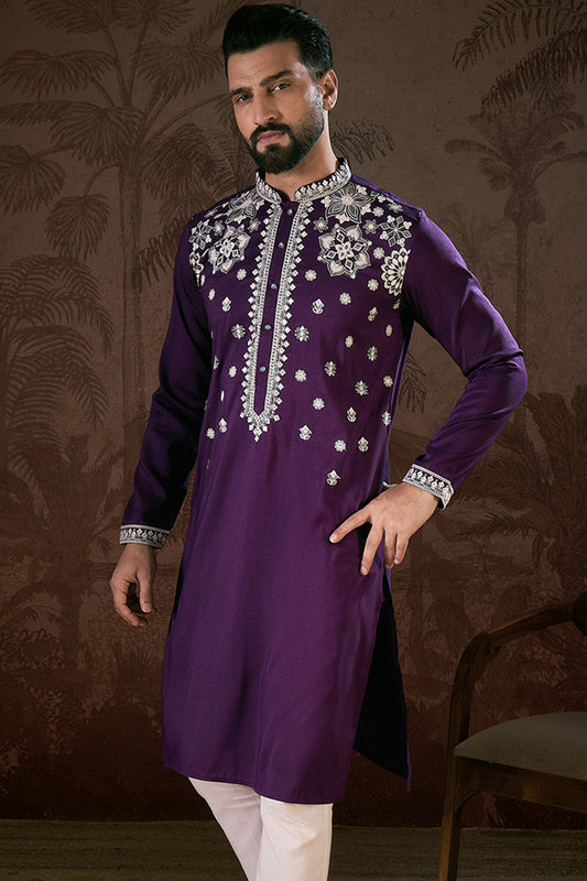 Purple Silk Blend Solid Embroidered Straight Kurta MKU1797
