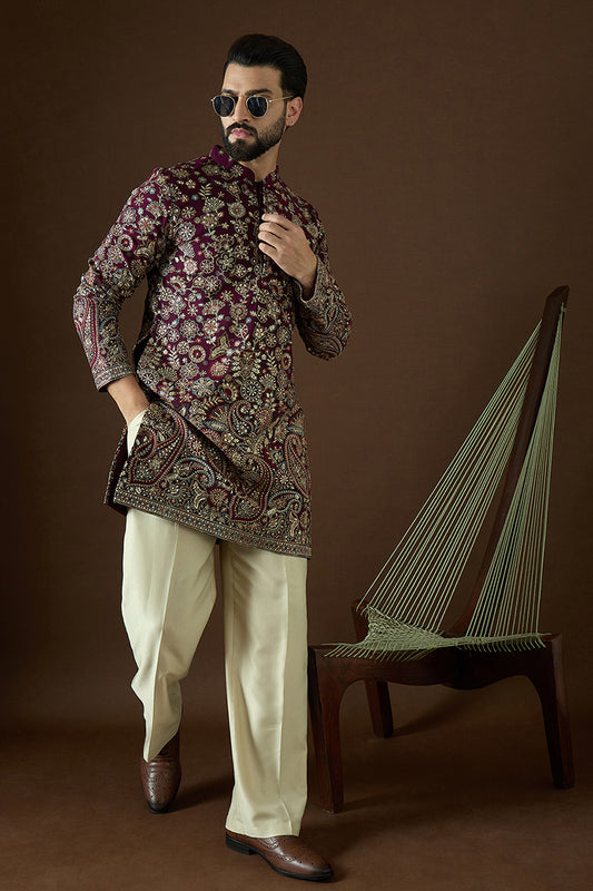 Wine Georgette Solid Embroidered Straight Kurta MKU1863