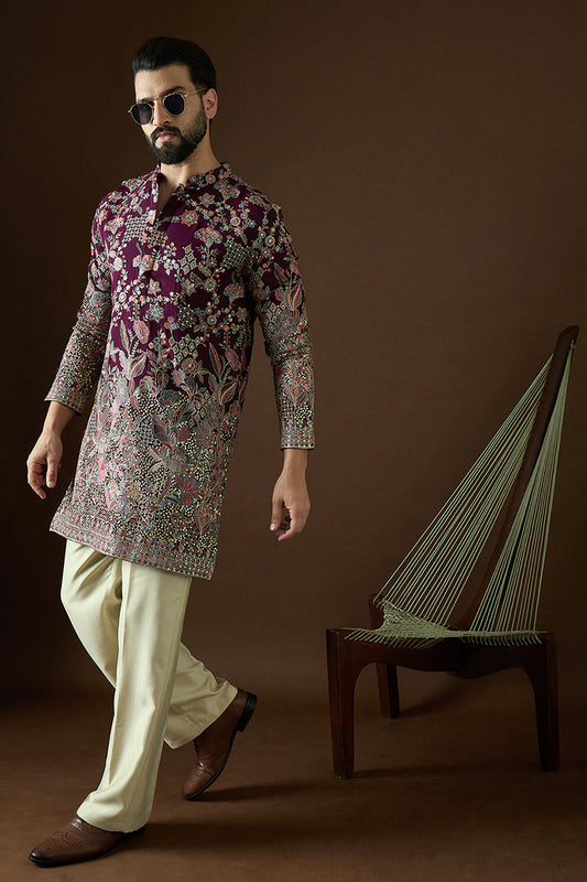 Wine Georgette Solid Embroidered Straight Kurta MKU1864