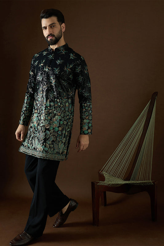 Black Silk Blend Solid Embroidered Straight Kurta MKU1876