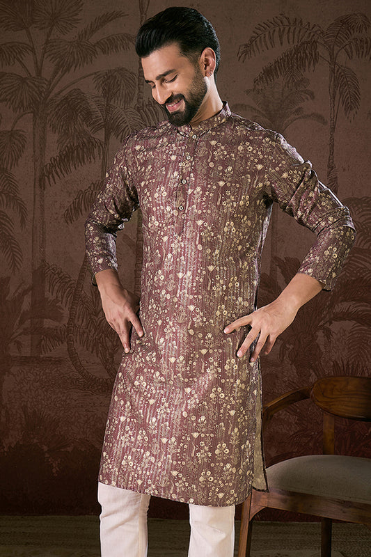Mauve Silk Blend Floral Printed Straight Kurta MKU1932