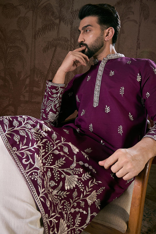 Purple Silk Blend Solid Embroidered Straight Kurta MKU1944