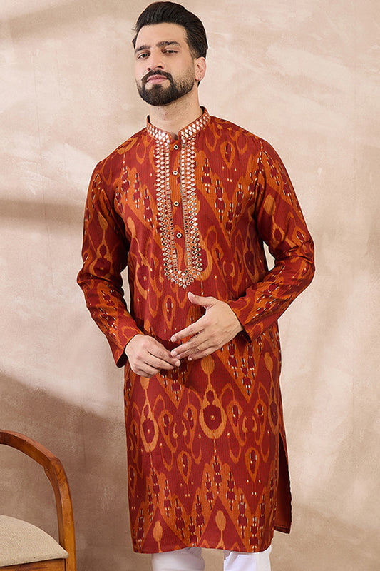 Orange Silk Blend Chevron Printed Straight Kurta MKU1964