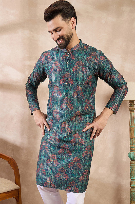 Blue Silk Blend Floral Printed Straight Kurta MKU1974
