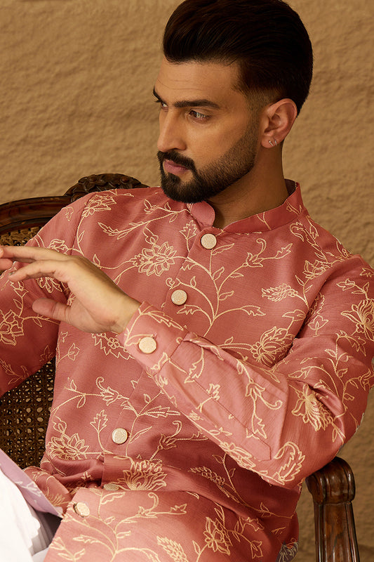 Peach Viscose Rayon Embroidered Mandarin Collar Straight Kurta With Trouser MKSET1989