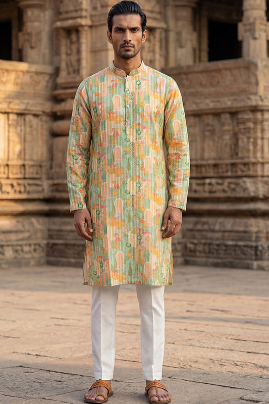Green Silk Blend Printed Straight Kurta MKU2118
