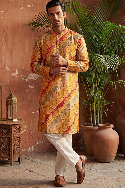 Yellow Silk Blend Printed Straight Kurta MKU2168