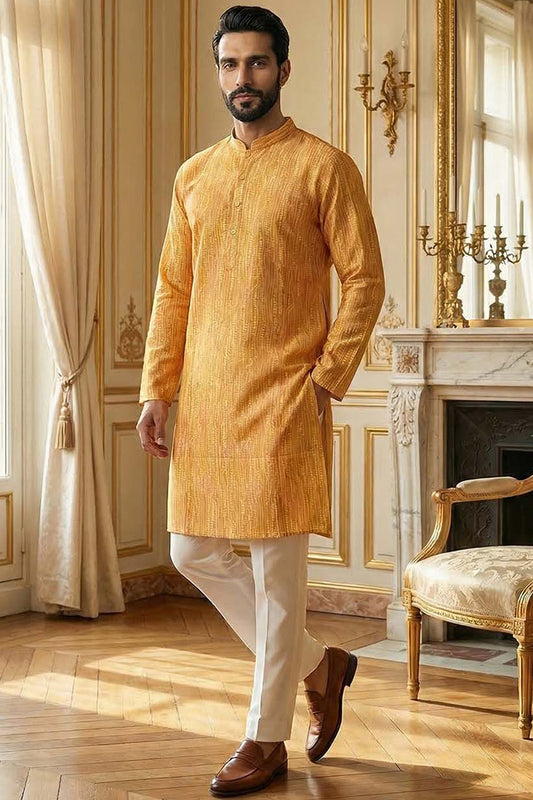 Yellow Silk Blend Printed Straight Kurta MKU2170