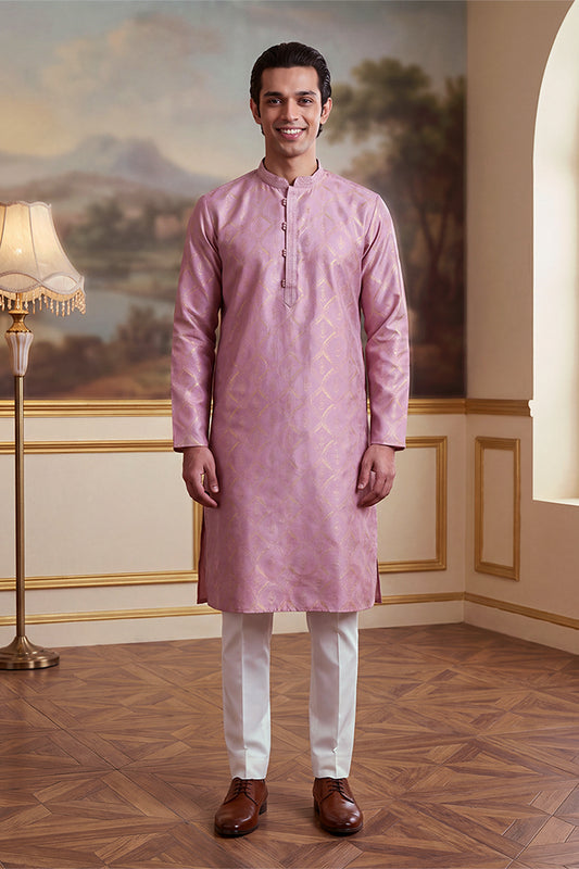 Ethnic Bay Mens Pink Jacquard Geometric Embroidered Kurta With Trouser MKSET2568