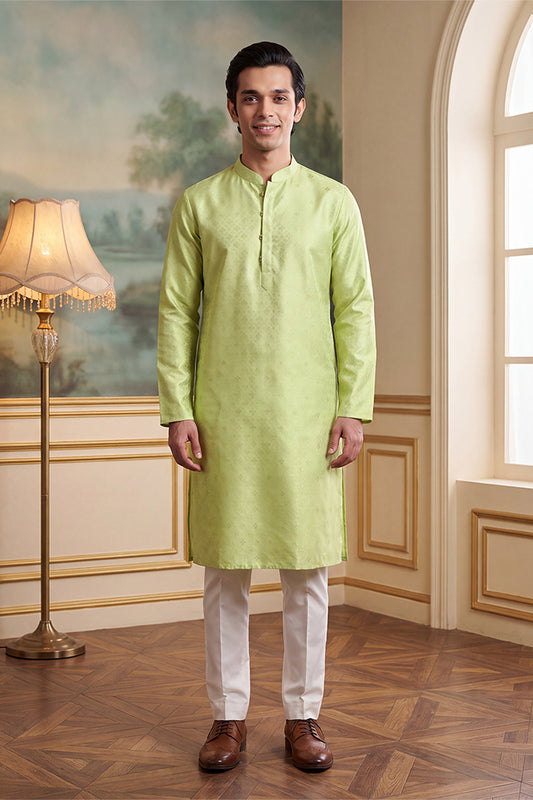 Ethnic Bay Mens Green Jacquard Ethnic Motifs Woven Design Kurta With Trouser MKSET2641