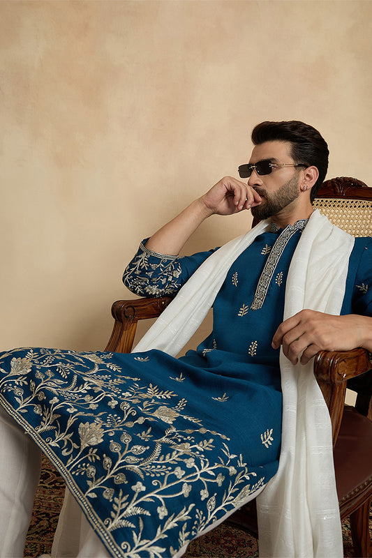 Ethnic Bay Men Blue Chanderi Silk Solid Embroidered Straight Kurta Trouser with Dupatta MKPD1315