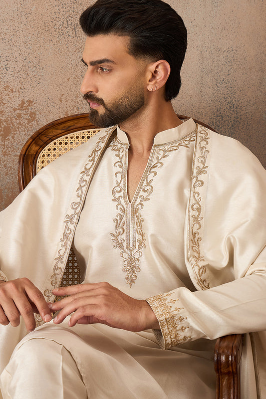 Ethnic Bay Mens Off White Silk Blend Solid Embroidered Kurta With Dupatta MKUD1021