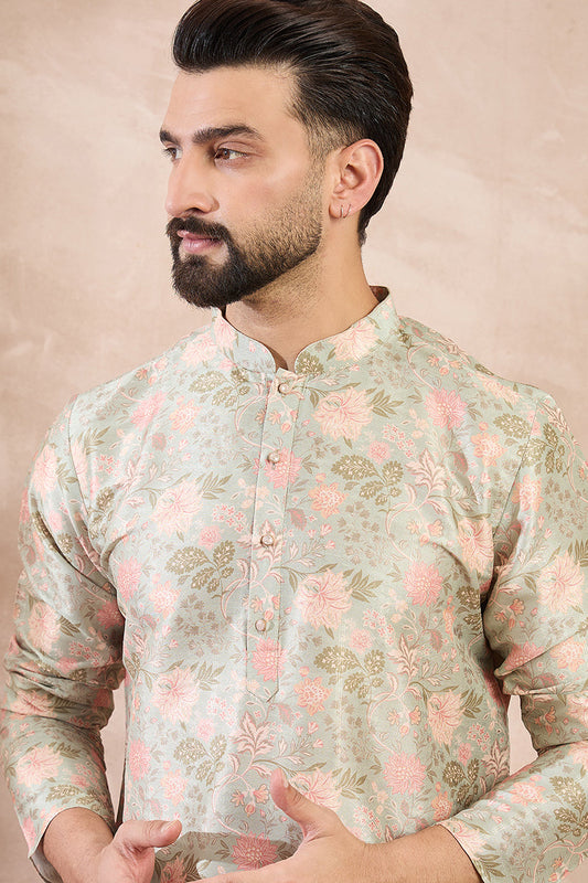 Green Silk Blend Floral Printed Straight Kurta MKU1968