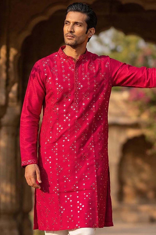 Ethnic Bay Mens Pink Silk Blend Solid Embroidered Kurta With Trousers MKSET2076