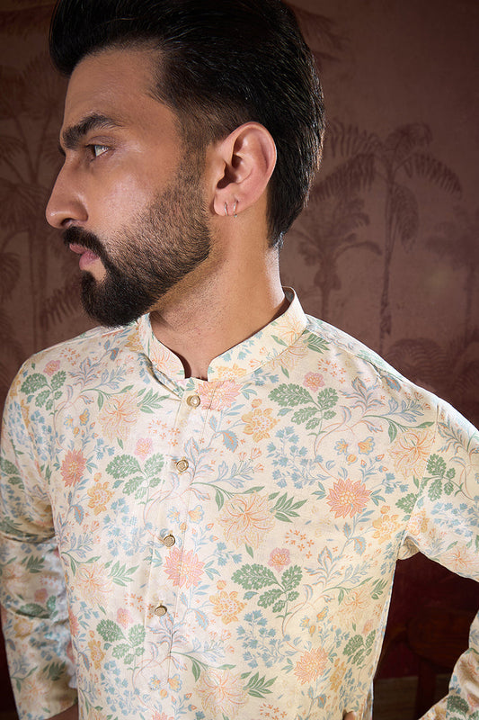 Off White Silk Blend Floral Printed Straight Kurta With Trouser MKSET1915