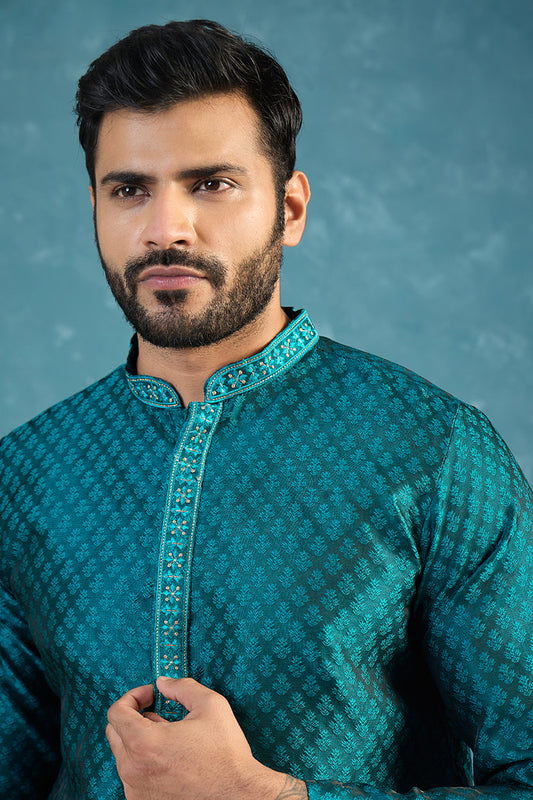 Ethnic Bay Mens Teal Silk Blend Woven Design Straight Kurta MKU1838
