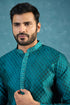 Ethnic Bay Mens Teal Silk Blend Woven Design Straight Kurta MKU1838