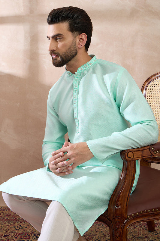 Teal Polyester Woven Design Mandarin Collar Straight Kurta MKU2016