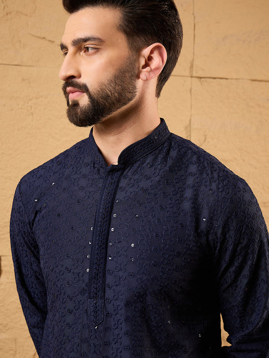Blue Viscose Rayon Solid Embroidered Straight Kurta MKU1187