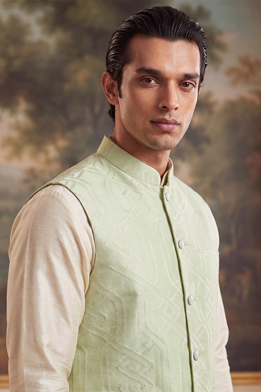 Ethnic Bay Mens Green Jacquard Woven Design Solid Koti MKOT1039