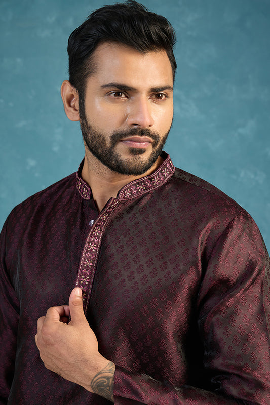 Ethnic Bay Mens Purple Silk Blend Woven Design Straight Kurta With Trouser MKSET1835