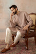 Ethnic Bay Mens Taupe Jacquard Ethnic Motifs Embroidered Kurta With Trouser MKSET2324