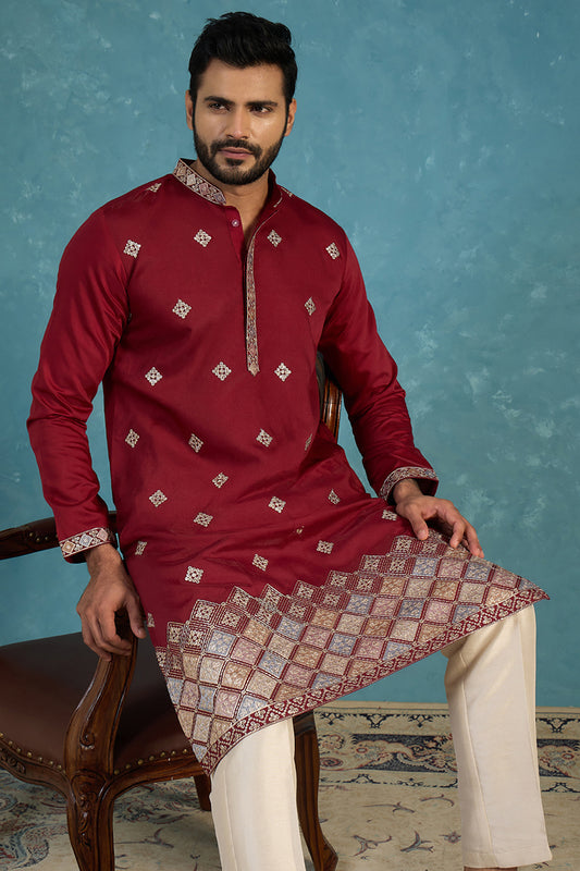Ethnic Bay Silk Blend Maroon Solid Embroidered Calf Length Straight Kurta MKU2100