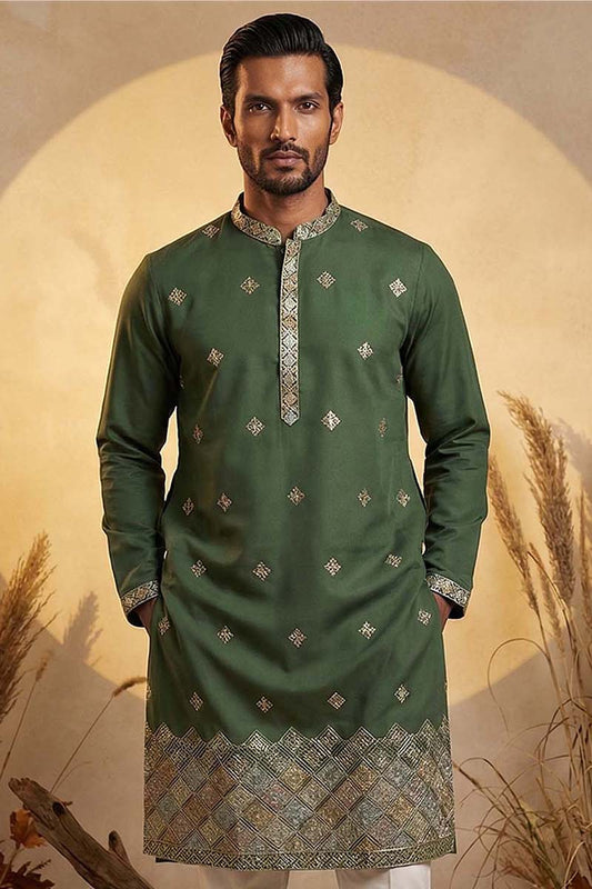Ethnic Bay Silk Blend Green Solid Embroidered Calf Length Straight Kurta MKU2101