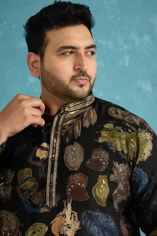 Ethnic Bay Mens Black Silk Blend Abstract Printed Kurta MKU1960