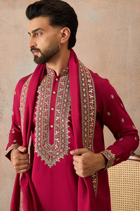Ethnic Bay Mens Pink Silk Blend Solid Embroidered Kurta With Dupatta MKUD1030