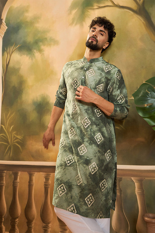 Green Silk Blend Batik Embroidered Straight Kurta with Trouser MKSET1464
