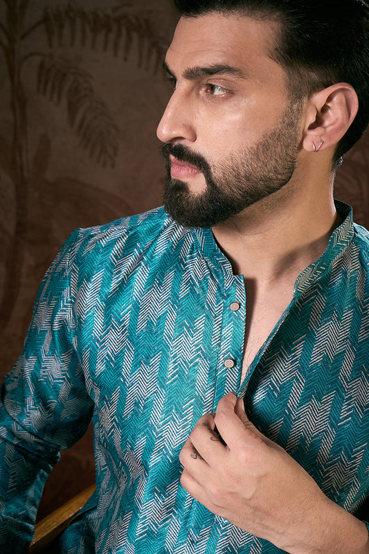 Turquoise Blue Silk Blend Chevron Printed Straight Kurta With Trouser MKSET1916