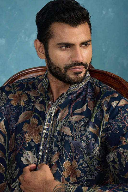 Ethnic Bay Mens Blue Modal Floral Printed Calf Length Straight Regular Kurta MKU1978