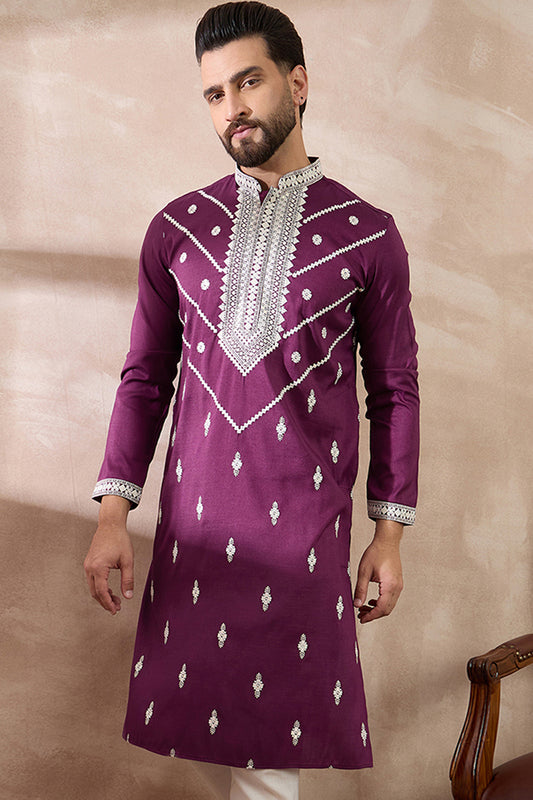 Purple Silk Blend Embroidered Mandarin Collar Straight Kurta With Trouser MKSET1789