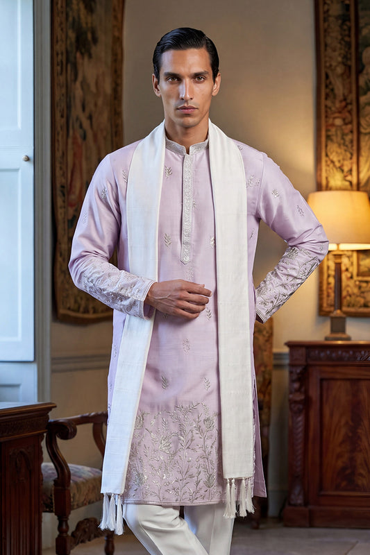 Ethnic Bay Men Lavender Silk Blend Floral Embroidered Straight Kurta Sets MKUD1781