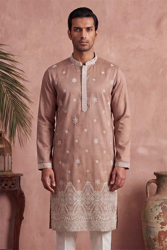 Ethnic Bay Mens Pink Silk Blend Solid Embroidered Kurta With Trousers MKSET2173