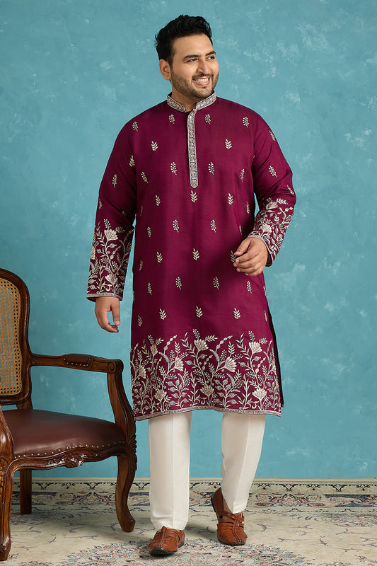 Ethnic Bay Mens Purple Silk Blend Solid Thread Work Embroidered Kurta MKU1944