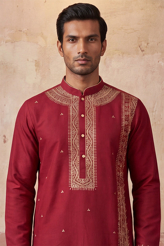 Ethnic Bay Mens Red Silk Blend Solid Emboidered Straight Kurta With Trouser MKSET2314