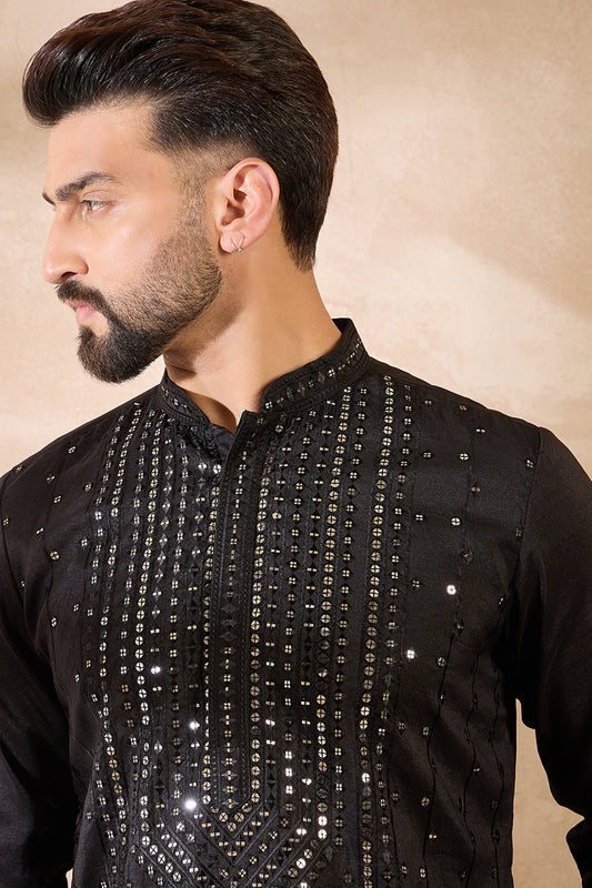 Black Silk Blend Geometric Embroidered Straight Kurta With Trouser MKSET1689