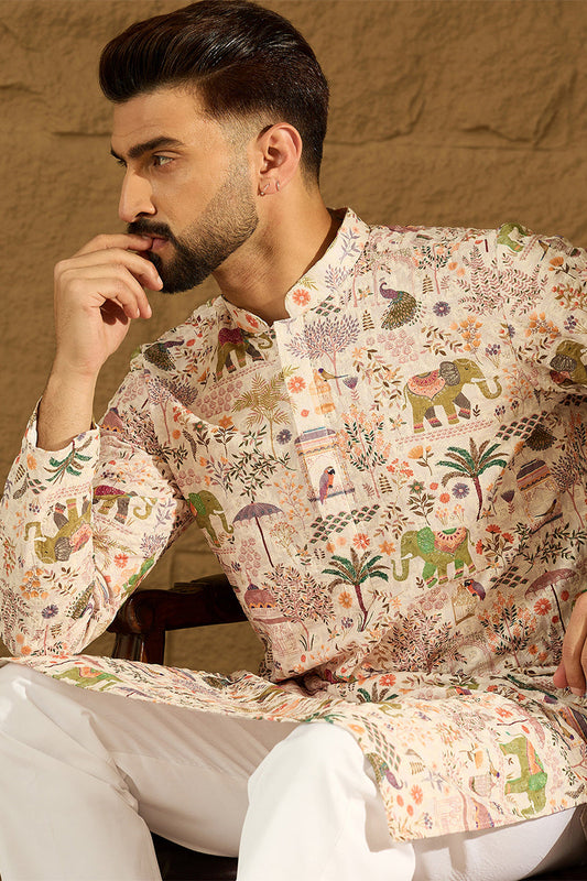 Cream Viscose Rayon Ethnic Motifs Printed Straight Kurta MKU1616