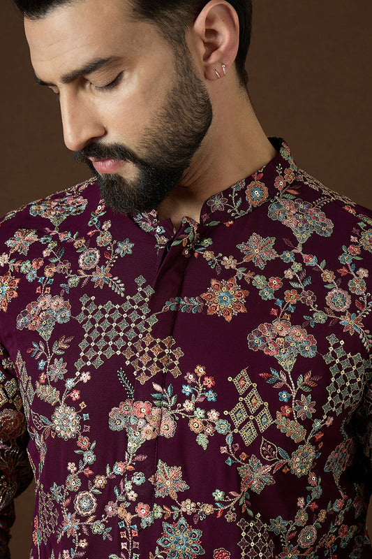 Wine Georgette Solid Embroidered Straight Kurta Sets MKSET1864