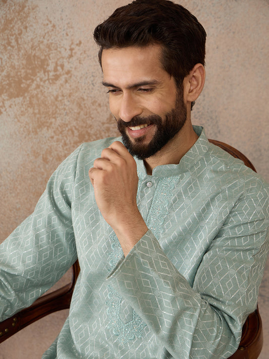 Ethnic Bay Mens Green Linen Blend Geometric Woven Design Kurta MKU2365