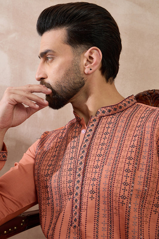 Orange Silk Blend Embroidered Mandarin Collar Straight Kurta MKU2043