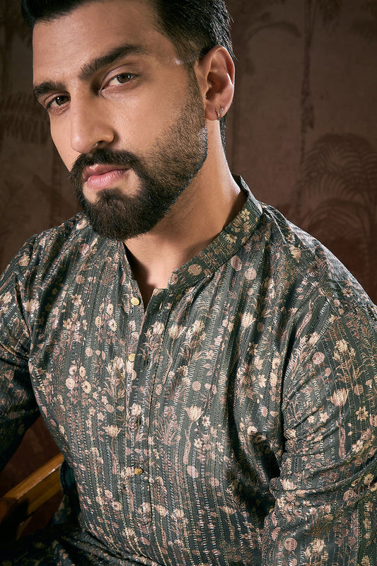 Olive Silk Blend Floral Printed Straight Kurta With Trouser MKSET1911