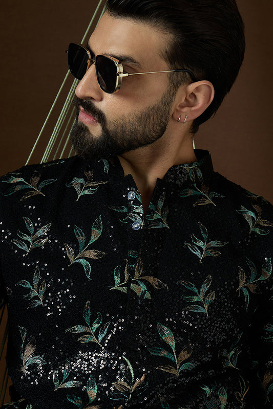 Black Silk Blend Solid Embroidered Straight Kurta MKU1876
