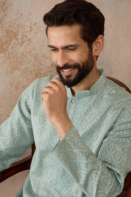 Ethnic Bay Mens Green Linen Blend Geometric Woven Design Kurta MKU2365